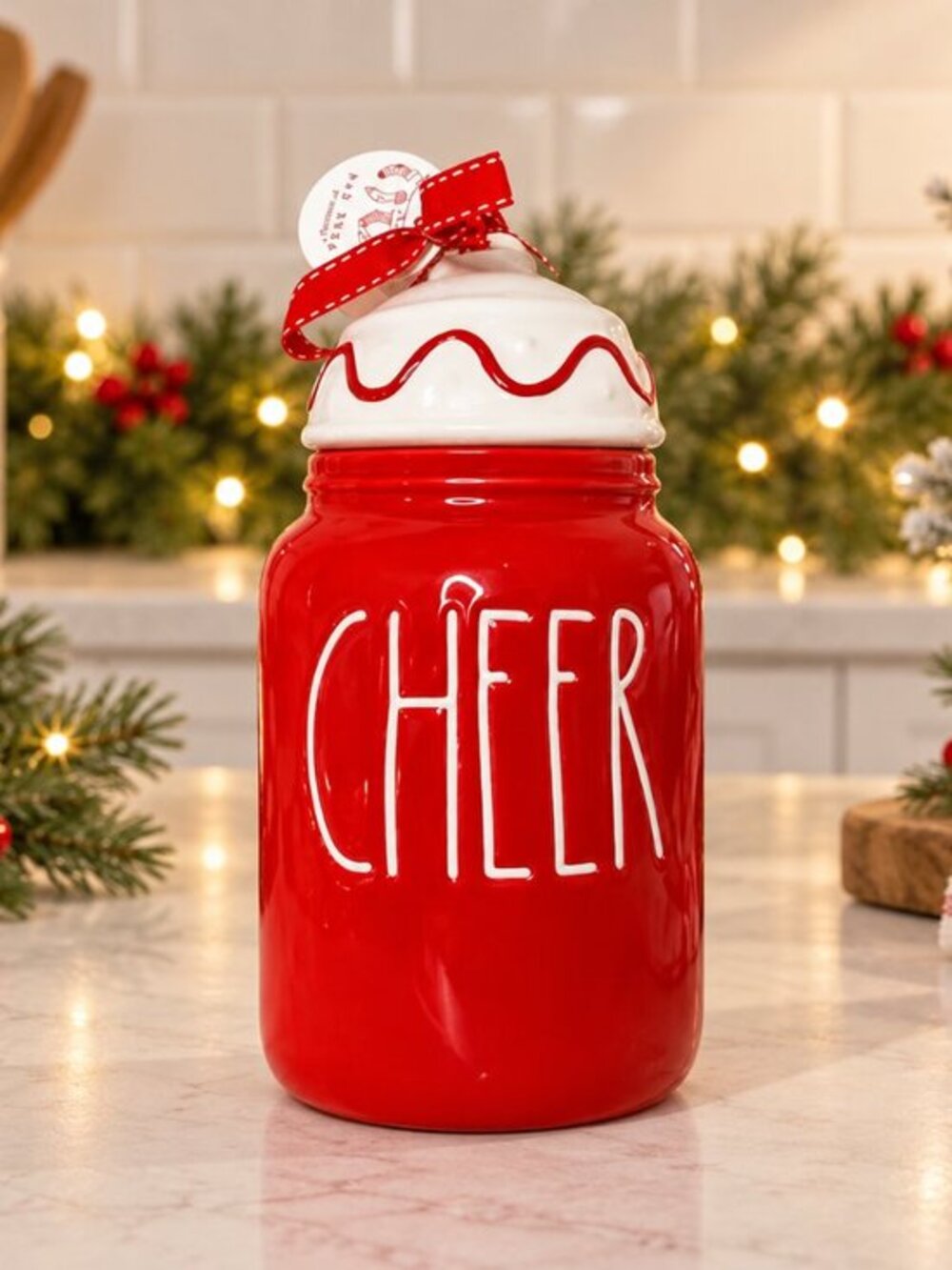 Rae Dunn CHEER Red Christmas Cookie Jar Ceramic Canister NWT